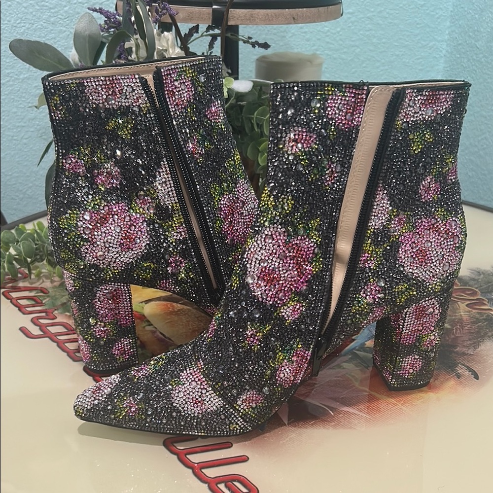 Betsey Johnson Pink and Black Floral Heeled Boots